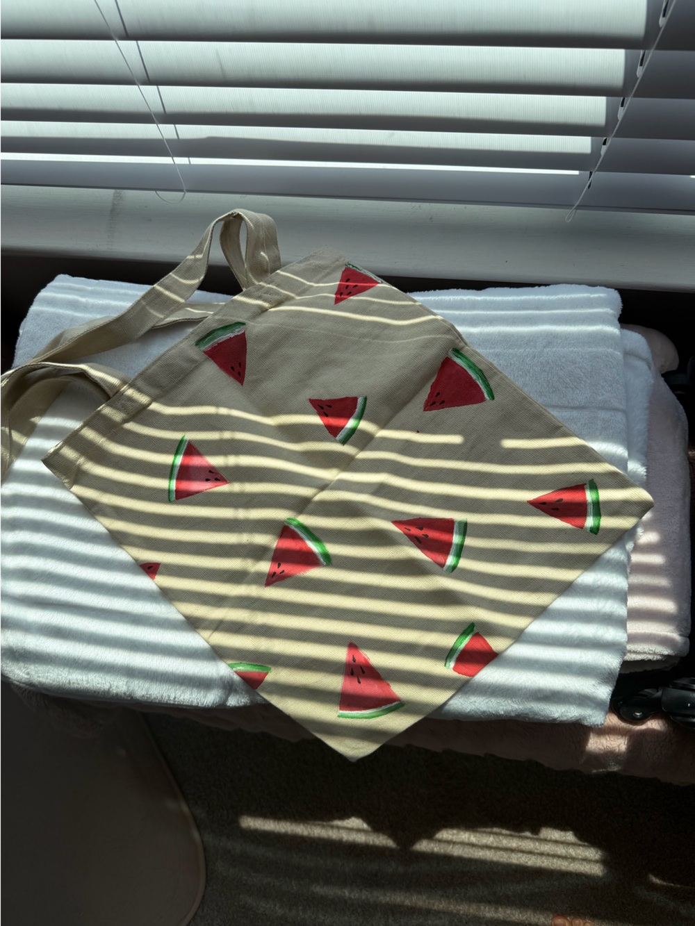 Watermelon Print Canvas Tote Bag — Beige with Red & Green